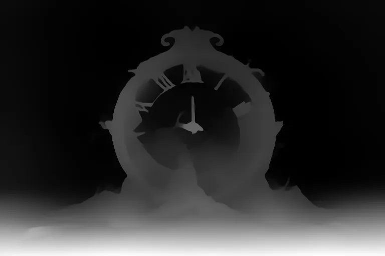 Depth map. Un reloj negro con raíces en la playa con oleaje y viento y un cielo tormentoso con rayos