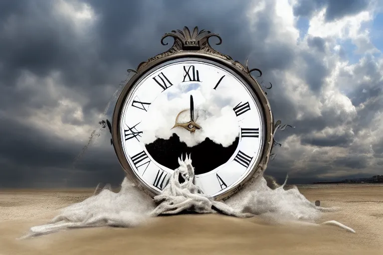 Un reloj negro con raíces en la playa con oleaje y viento y un cielo tormentoso con rayos