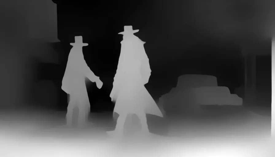 Depth map. Two cowboys facing each other in a dusty street, guns drawn, ready to shoot, with a dark and gritty atmosphere, in a "A Scanner Darkly" style, with an old wild west town background