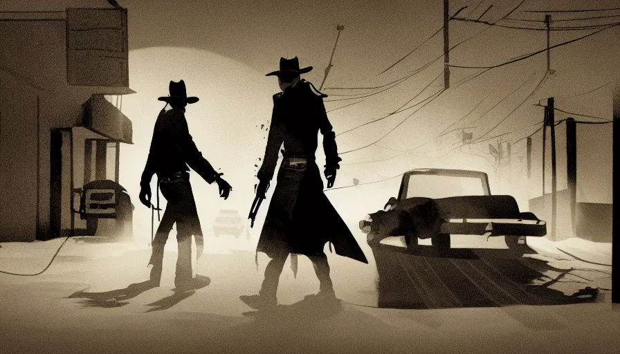 Two cowboys facing each other in a dusty street, guns drawn, ready to shoot, with a dark and gritty atmosphere, in a "A Scanner Darkly" style, with an old wild west town background