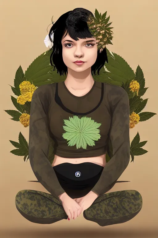 a beautiful young female yoga teacher with short black hair and flower wreath, with perfect cute face with piercings. she is wearing leggings with a beige camouflage design and a cannabis hoodie and black sneakers. she is standing in a grow room, surrounded by massive cannabis plants