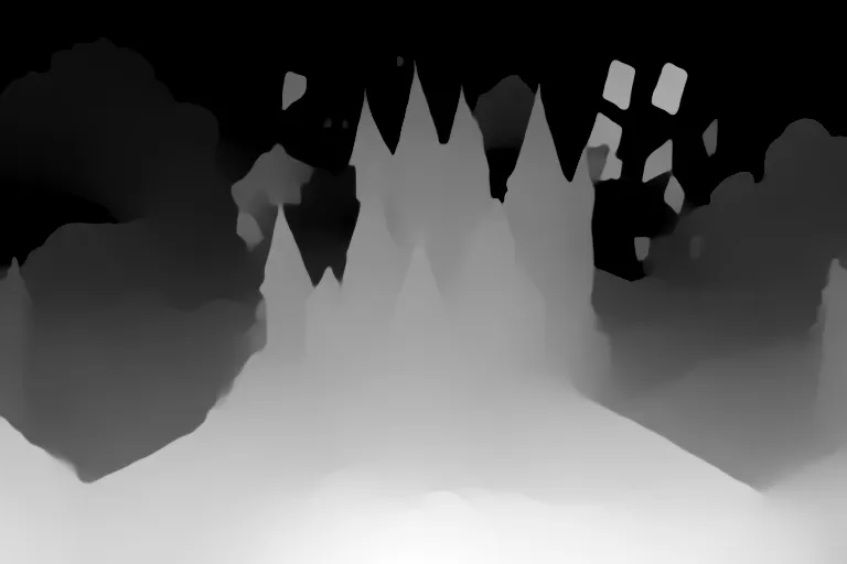 Depth map. A castle made of playing cards in a forest with a white and red hue