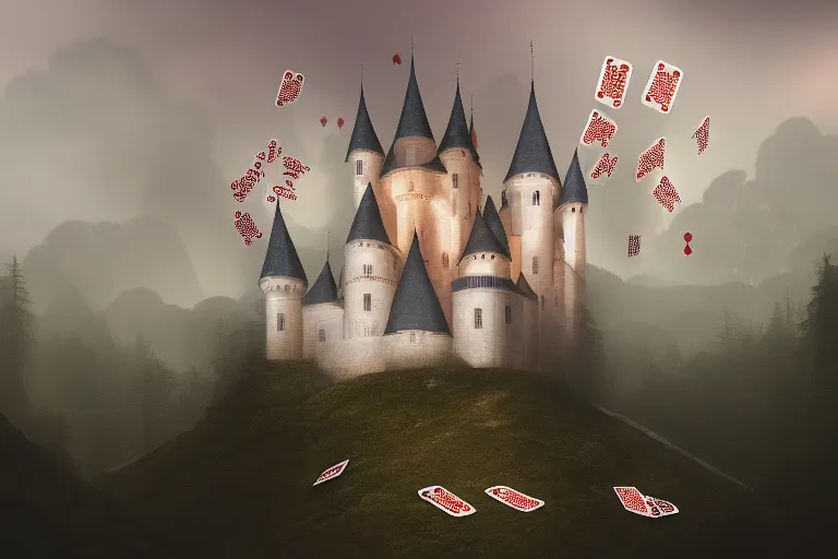 A castle made of playing cards in a forest with a white and red hue