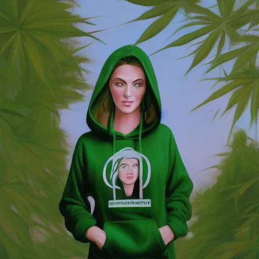 a painting of a woman in a green hoodie with a zoomed-in view of her left eye