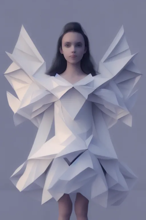 an angel girl wearing an origami white dress with increased contrast, octane render, 4k.