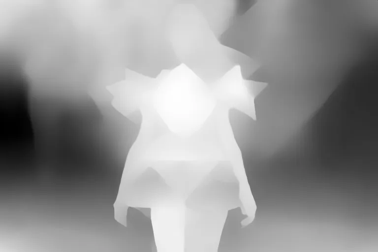 Depth map. a fashion model girl wearing an origami white dress on stage with increased contrast, octane render, 4k.