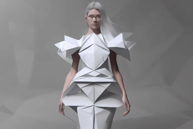 a fashion model girl wearing an origami white dress on stage with increased contrast, octane render, 4k.