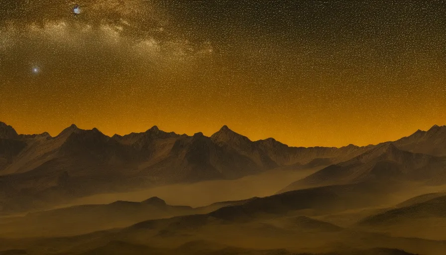 a night sky with stars above a mountain range and a yellow sky