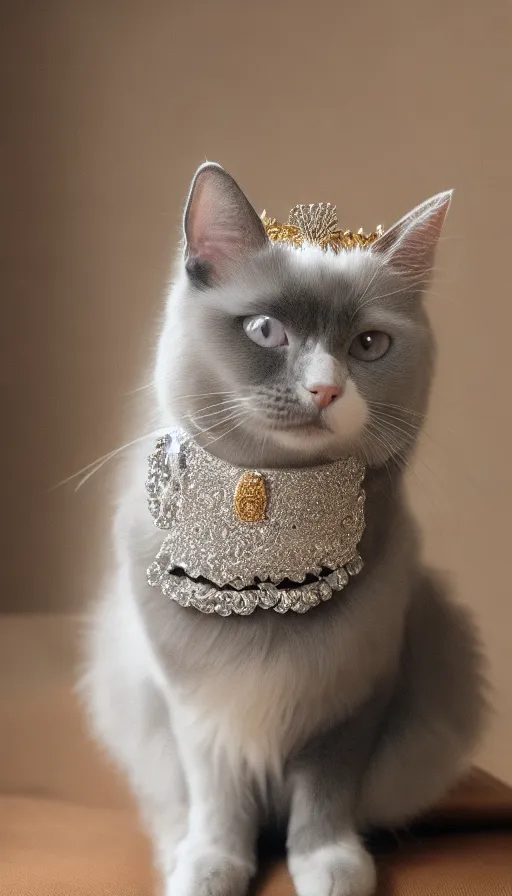 a gray and white cat wearing a crown and a cape, sitting on a throne, surrounded by jewels and gold