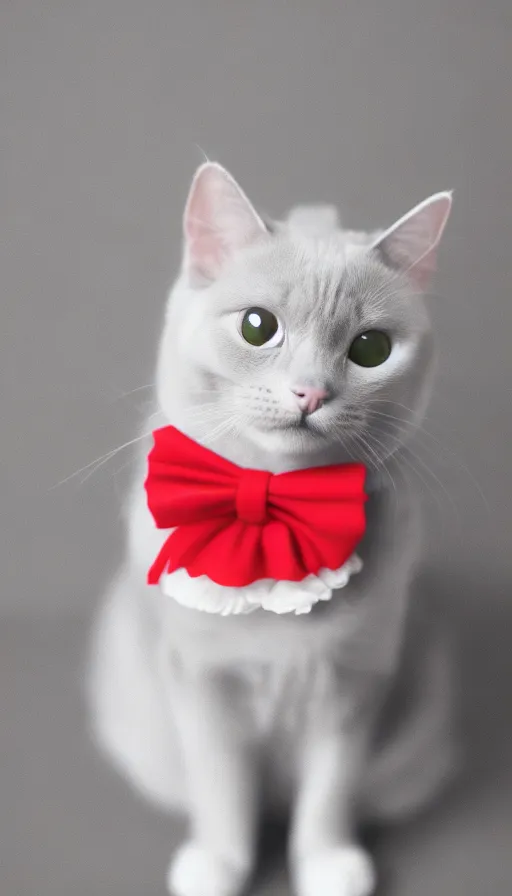 a gray and white cat wearing a red and white collar with a Disney-style filter