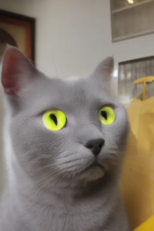 a gray cat with yellow eyes looking at the camera as Marie from Aristocats with a Disney-style filter