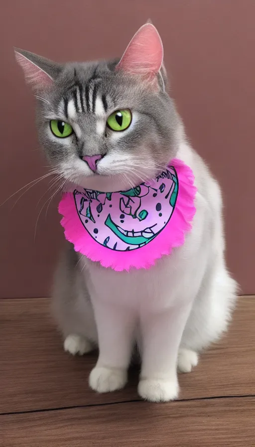 a Cheshire cat wearing a pink bandana