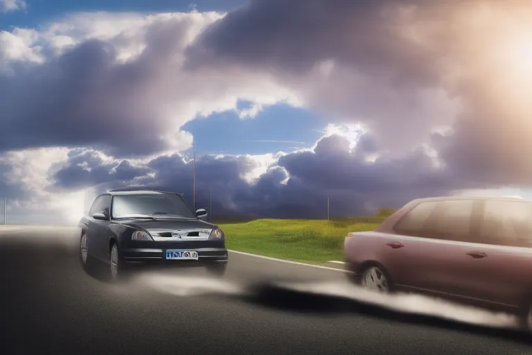 two cars driving down a road under a surreal sunny day with clouds
