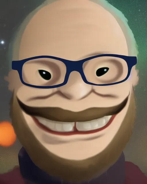 an alien with a beard and glasses smiling