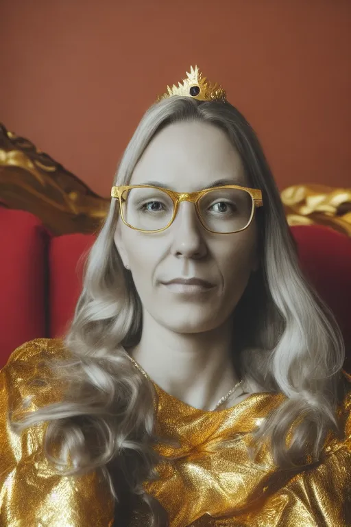 a woman wearing glasses sitting on a couch with a gold crown on her head