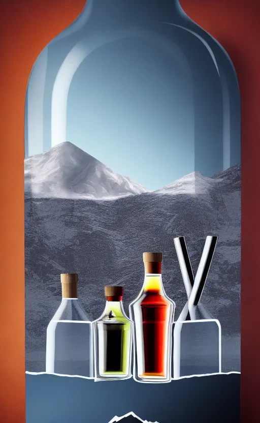 A bottle of vodka with a mountain in the background added to a shelf with other bottles of alcohol