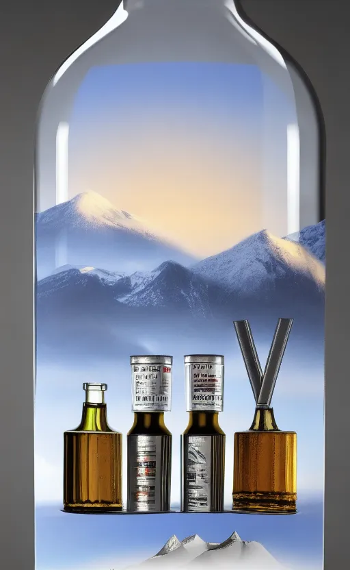 A bottle of vodka with a mountain in the background added to a shelf with other bottles of alcohol