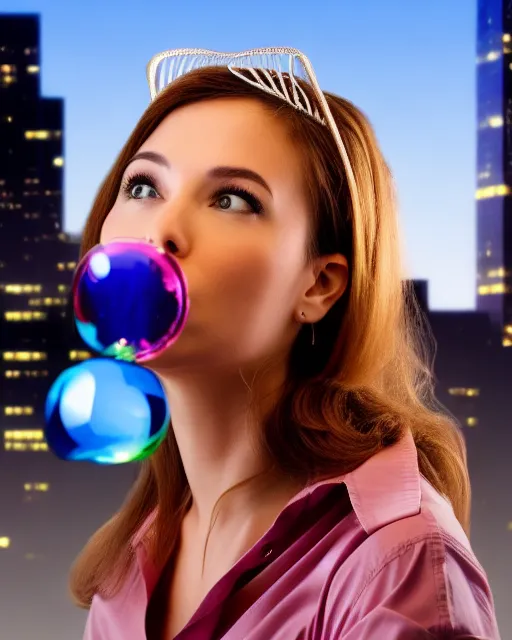 a woman blowing a bubble with a pair of glasses on her head in front of a city skyline with high skyscrapers