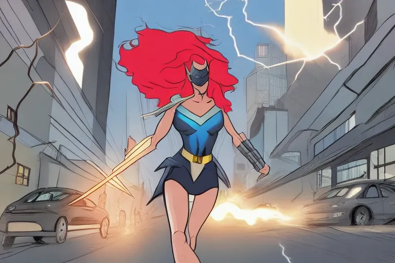 A modern city street with a female superhero holding a sword, surrounded by lightning strikes, bursting with energy in a graphic novel style