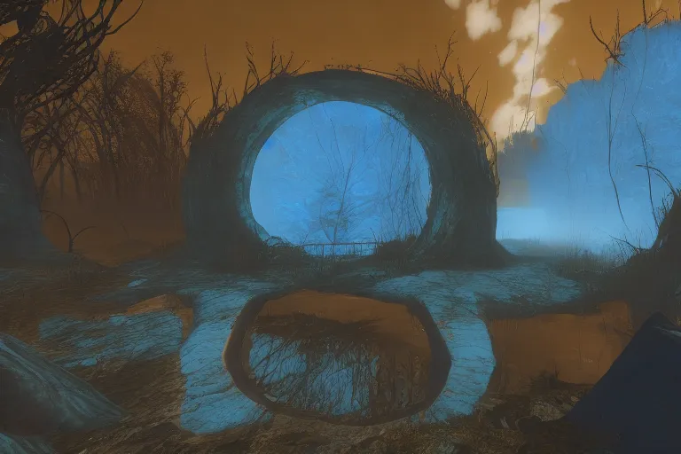 a blue-toned nether portal in a Fallout 76 swamp