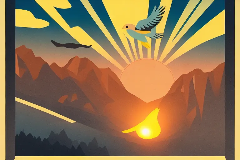 a retro poster of a bird in a natural landscape with a mountain range and a sunset in the background