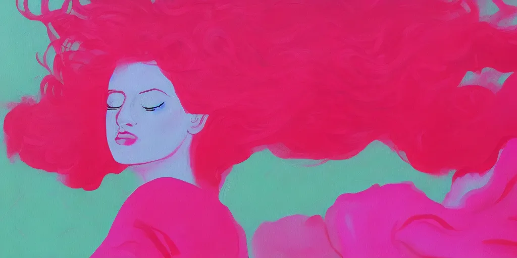 a painting of a woman with her hair blowing in the wind with a neon pink color scheme
