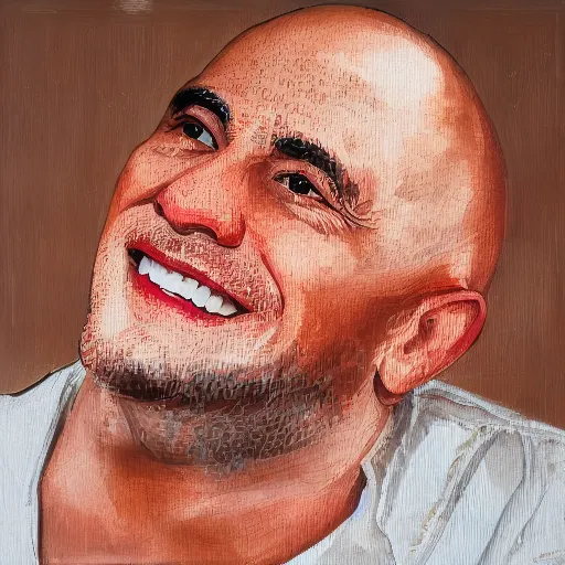 a bald man with brown hair, smiling and wearing a white shirt