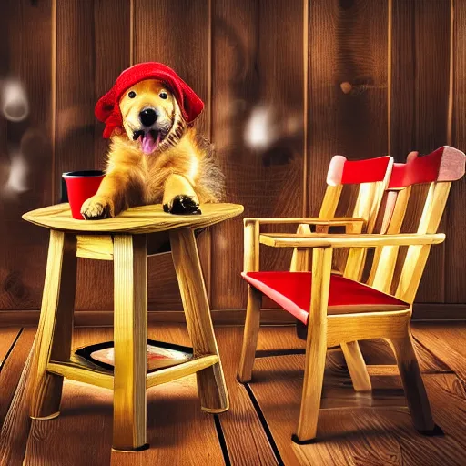 a cute golden retriever puppy sitting on a wooden chair, holding a latte cup with its paws, and looking up with big, curious eyes, wearing a red beanie hat