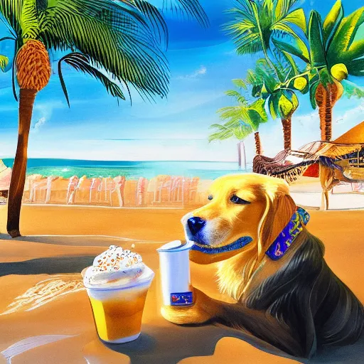 a golden retriever drinking a puppuchino on a sunny beach with palm trees in the background, wearing a hat