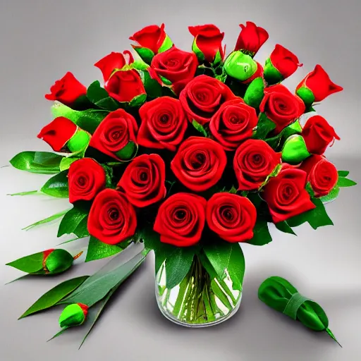 two dozen red roses arranged in a bouquet, with a white background