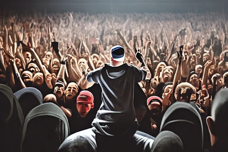 Eminem singing Mockingbird in concert, with a sea of fans cheering him on