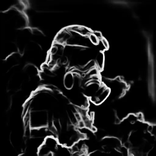 Soft edges. a man in a gas mask is surrounded by smoke with a chromatic aberration effect