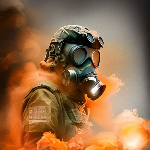 a man in a gas mask is surrounded by smoke with a chromatic aberration effect