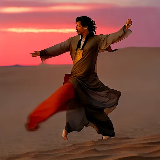 Shahrukh Khan dancing in the desert, wearing a black pathan salwar and a white kurta, with the sun setting in the background