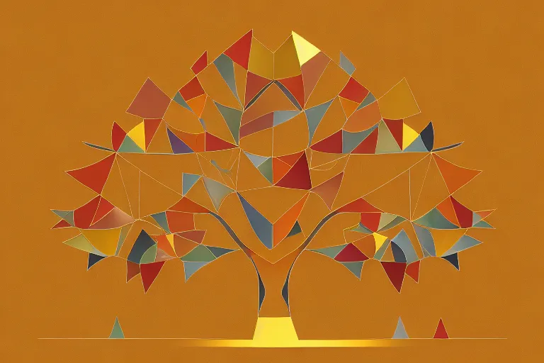 a flat-style tree made of geometric shapes in warm colors, with a golden yellow background