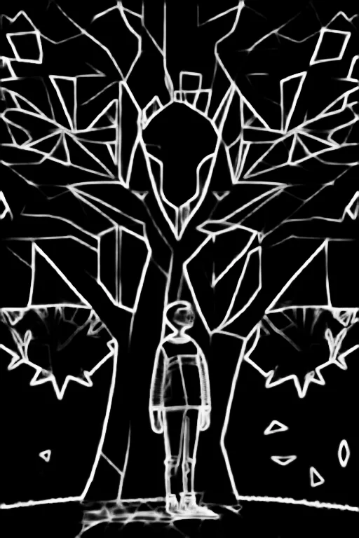 Soft edges. a simplified middle school student made of geometric shapes standing in front of a tree made of geometric shapes, with a bright and cheerful orange color scheme