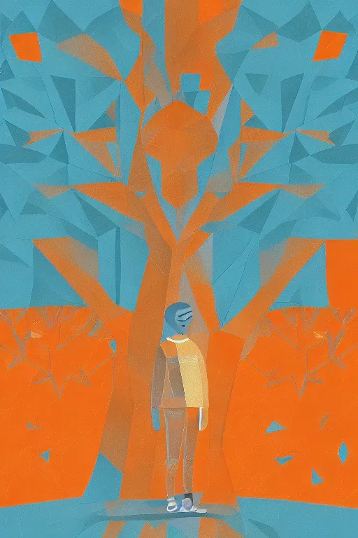 a simplified middle school student made of geometric shapes standing in front of a tree made of geometric shapes, with a bright and cheerful orange color scheme