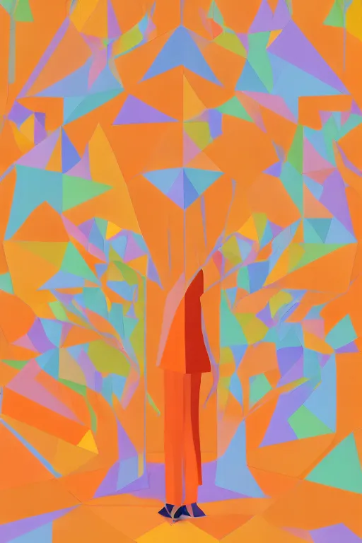 a simplified middle school student made of geometric shapes standing in front of a tree made of geometric shapes, with a bright and cheerful orange color scheme, in the style of Shunji Yuzawa