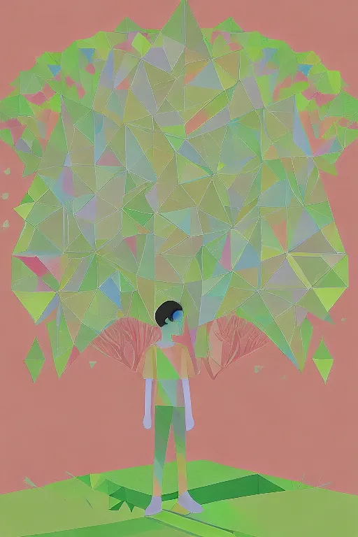 a middle school student made of geometric shapes standing in front of a tree made of geometric shapes, with a bright and cheerful green color scheme, in the style of Shunji Yuzawa