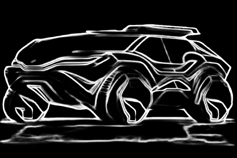 Soft edges. a futuristic SUV with an even more aerodynamic design, glossy black finish and neon blue accents