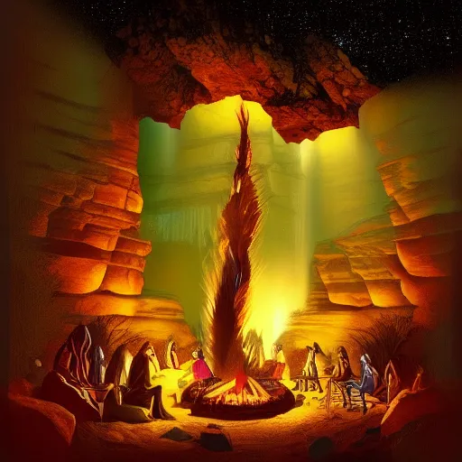 a native american gathering in the night inside a canyon with a big bonfire in the center and a mystical and spiritual night sky in psychedelic style