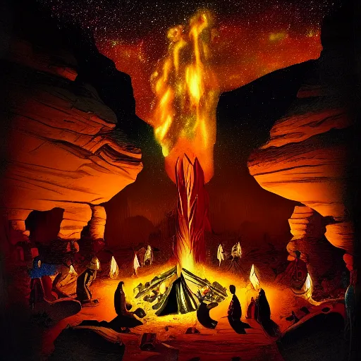 a native american gathering in the night inside a canyon with a big bonfire in the center and a mystical and spiritual night sky in psychedelic style