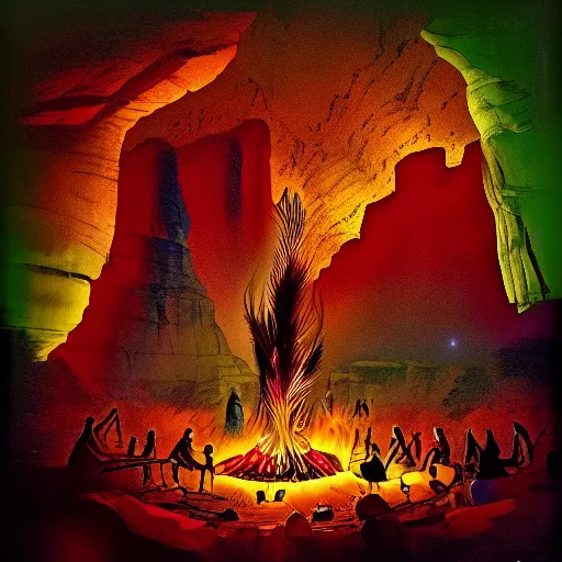 a native american gathering in the night inside a canyon with a big bonfire in the center and a mystical and spiritual night sky in psychedelic style