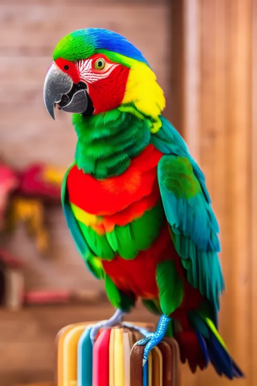 a colorful parrot sitting on top of a wooden stand with more vibrant colors