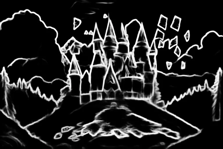Soft edges. A castle made of playing cards in a forest with a red hue