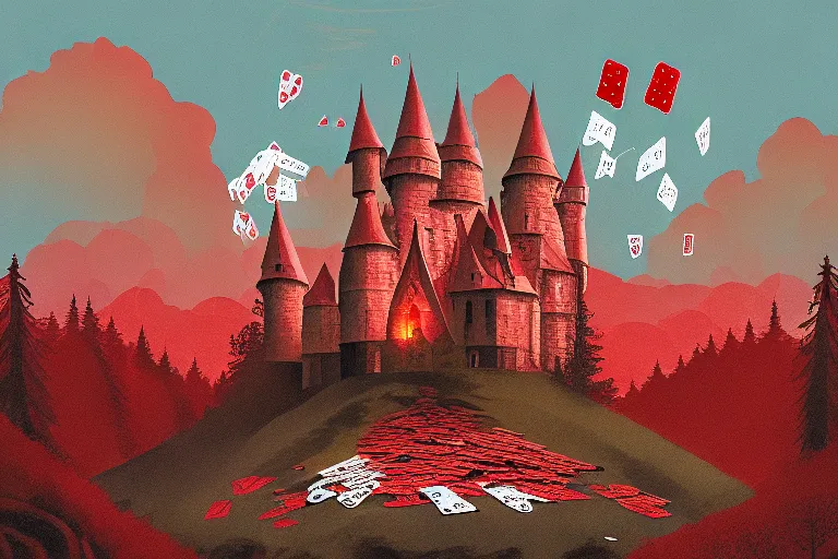 A castle made of playing cards in a forest with a red hue