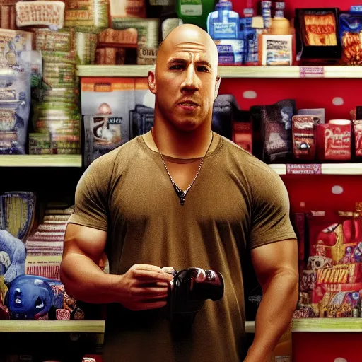 a man like Dominic Toretto standing in front of a gift shelf in a store with a puzzled expression on his face, with various objects around him, in a comic book style