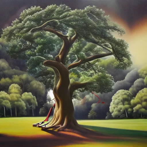 a realistic painting of a majestic oak tree in a forest with a swing, oil on canvas