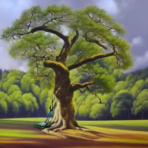 a realistic painting of a majestic oak tree in a forest with a swing, oil on canvas