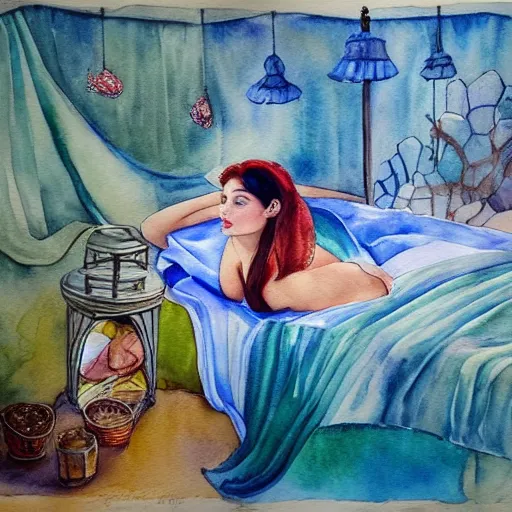 a painting of a mermaid daydreaming in bed, watercolor